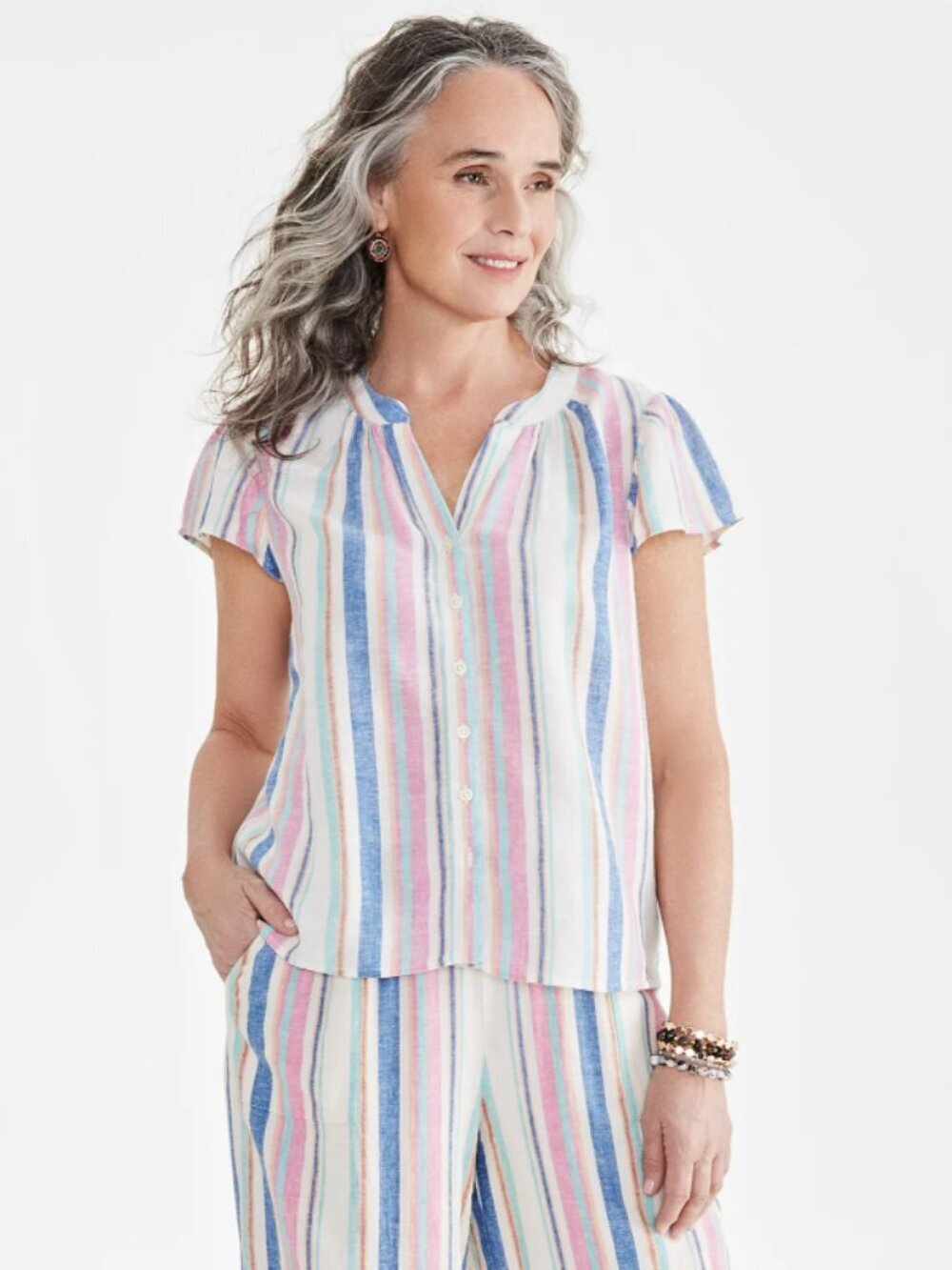 Style & Co Large Petite Linen-Blend Striped Flutter Sleeve Button Front Top NWT